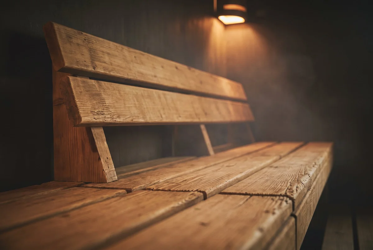 Macro of cedar bench slats and backrest, warm sconce glow, shallow depth of field