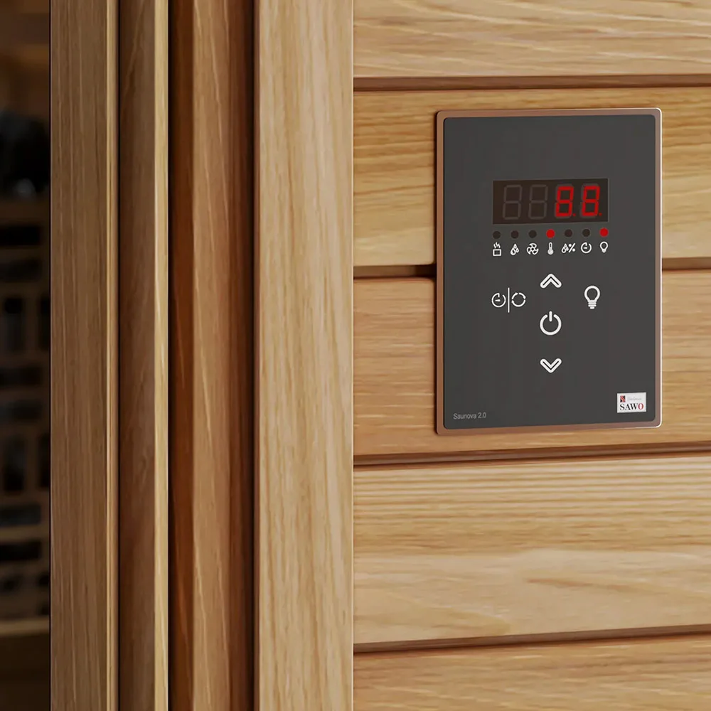 SAWO Saunova 2.0 control panel mounted beside a sauna door