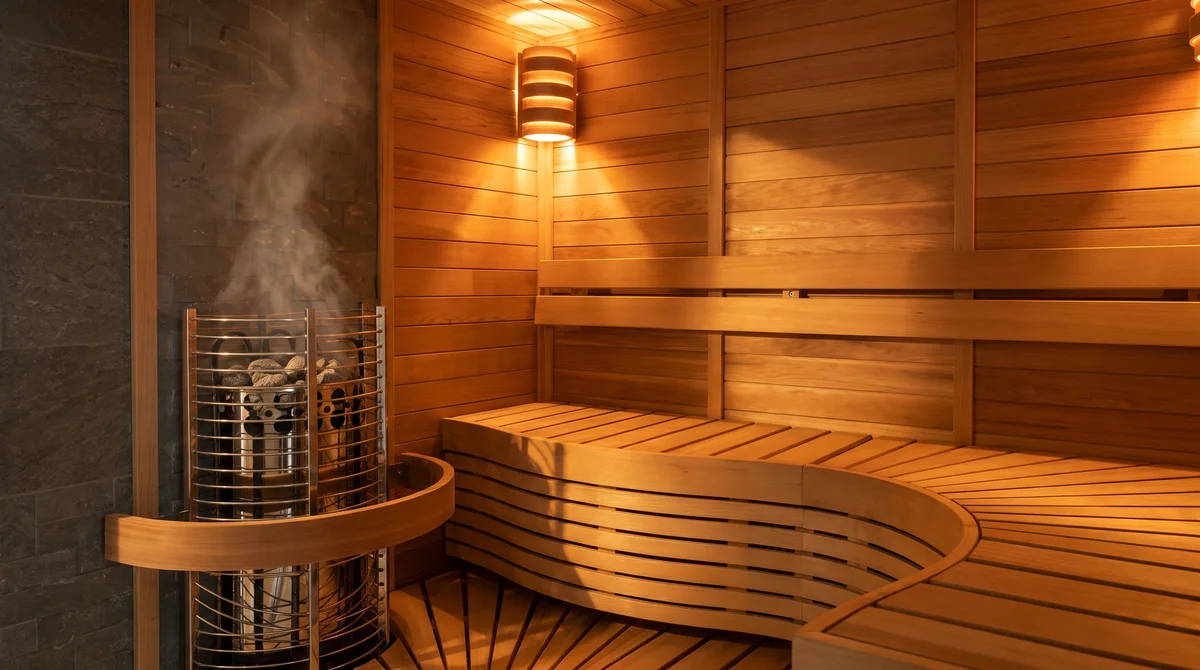 Curved cedar bench wrapped around a stone-filled tower heater, steam rising, warm sconce light in a private sauna interior