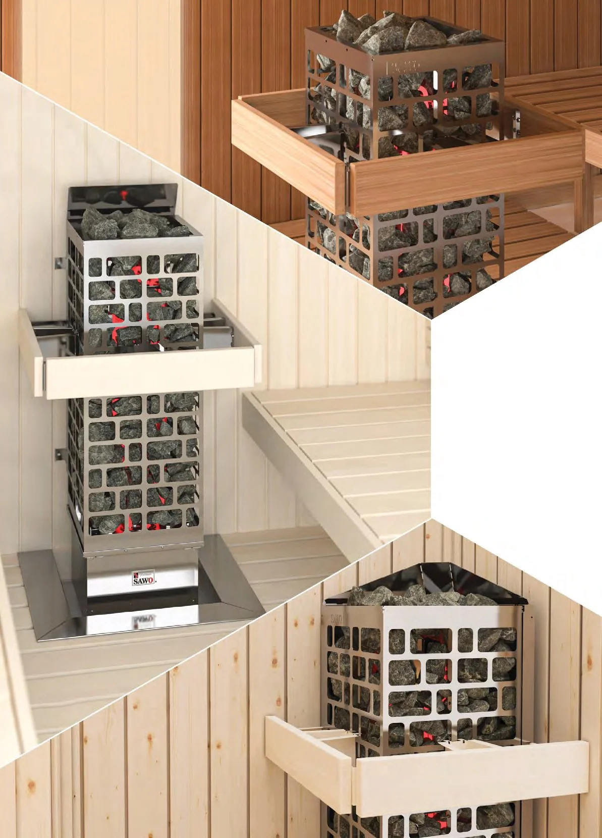 SAWO Cubos tower heater in a tall cedar sauna room