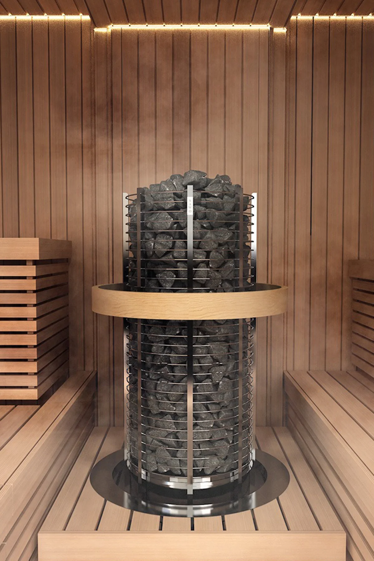 SAWO tower heater with steam rising above its stones and a wooden safety ring