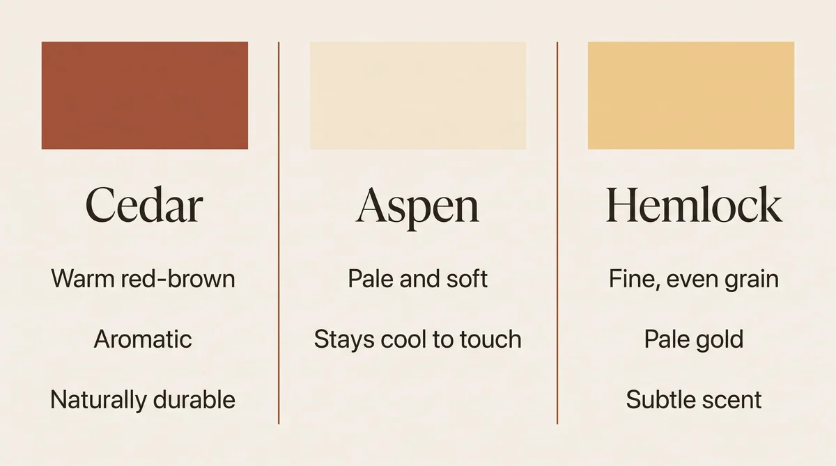 Comparison chart of cedar, aspen, and hemlock sauna timbers by look, feel, heat behavior, and tropical suitability