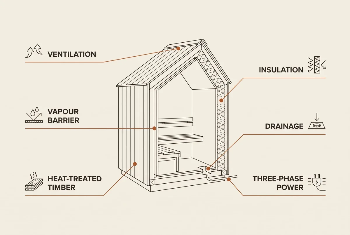 Cutaway diagram of a tropical sauna cabin: ventilation path, vapor barrier, heat-treated timber, insulation, drainage, and three-phase power, each labeled