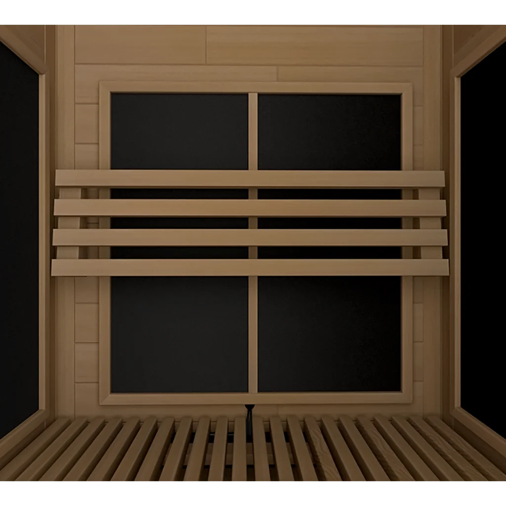 SAWO infrared panels installed in a cabin corner alongside the infrared backrest