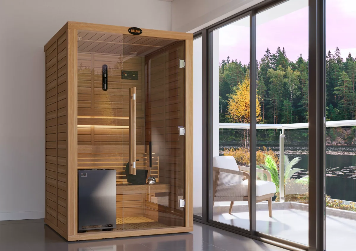SAWO Glass Front sauna room render, triple-layered tempered glass opening the room to the light beyond