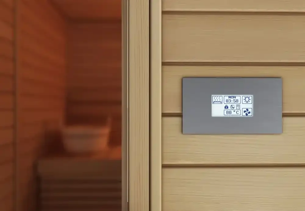 SAWO Innova touch control panel mounted beside a sauna door, cedar interior visible through the glass