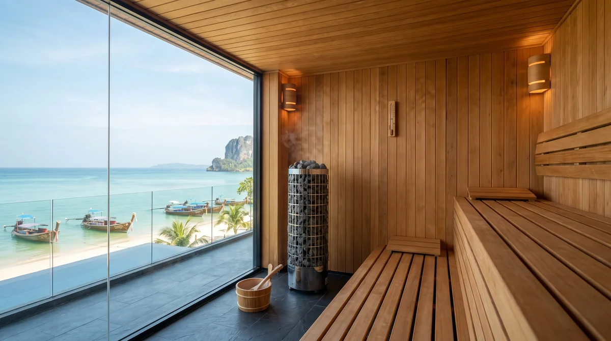 A bright tropical beach with wooden longtail boats, seen through the floor-to-ceiling glass wall of a cedar sauna with a tower heater, southern Thailand