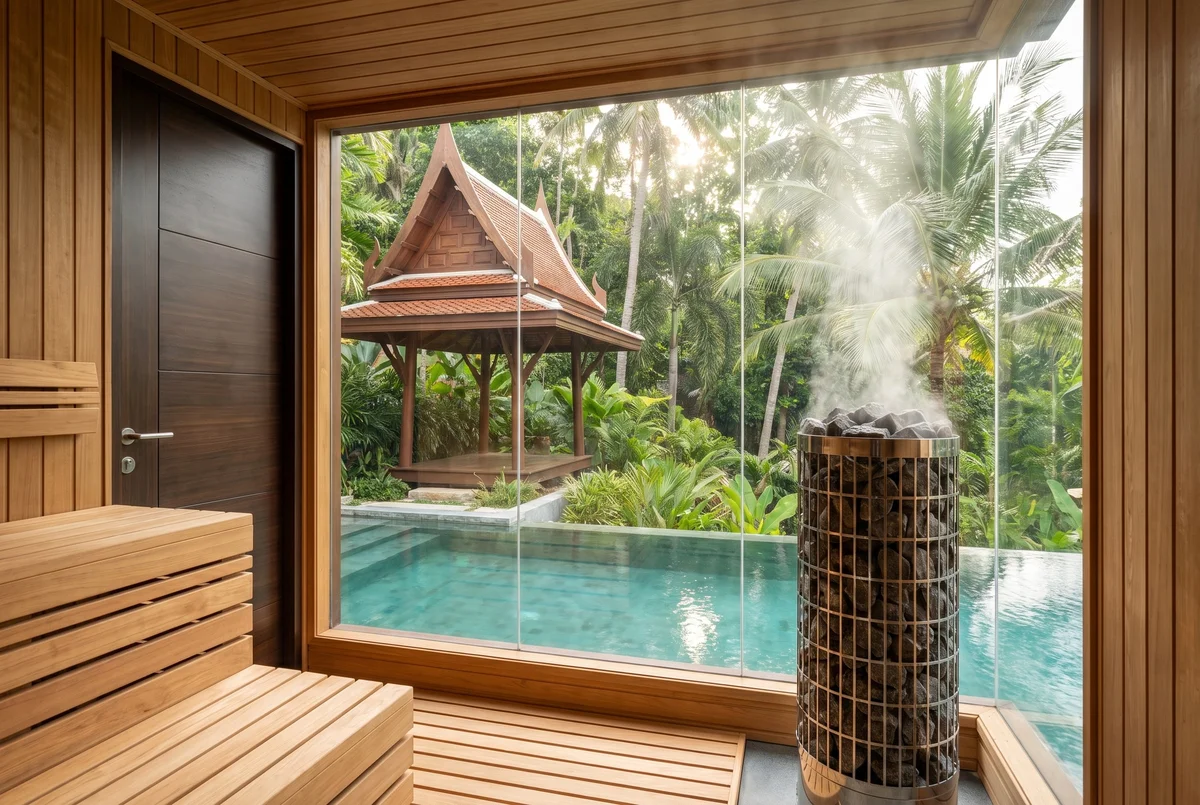 Glass-front sauna wrapped in cedar, opening onto a tropical garden with a Thai sala and pool beyond