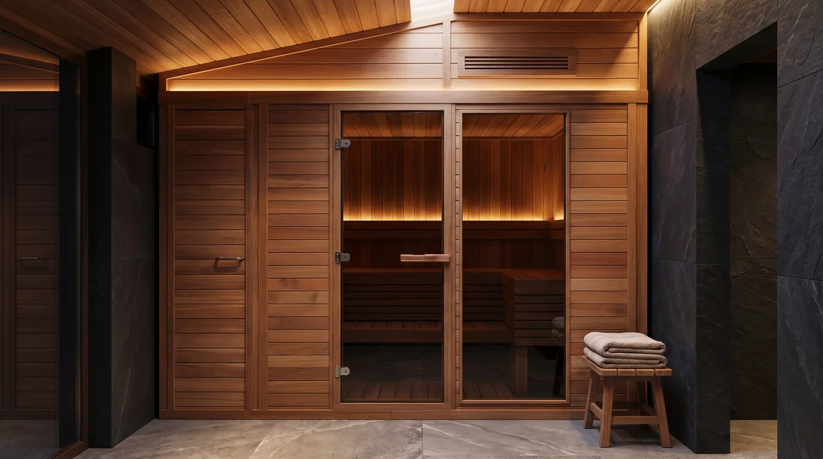 Two-room sauna and steam suite clad in wood, with matching black glass doors