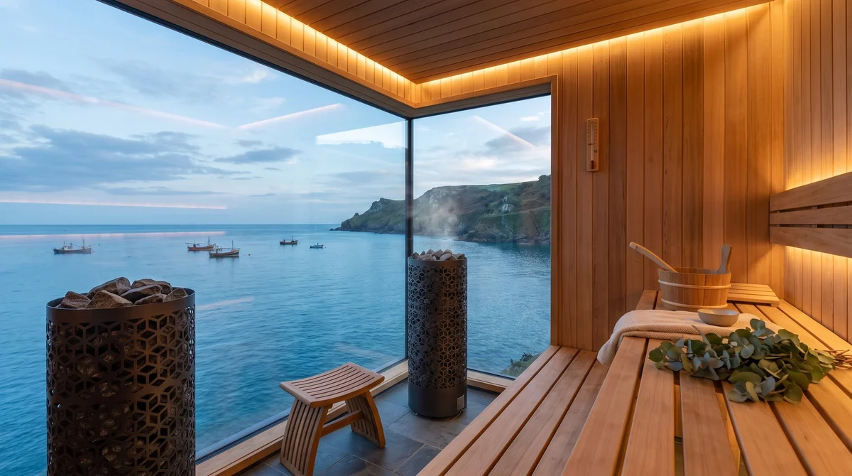 A corner-glass sauna at dusk overlooking a calm sea with distant fishing boats and a headland, patterned tower heaters, southern Thailand